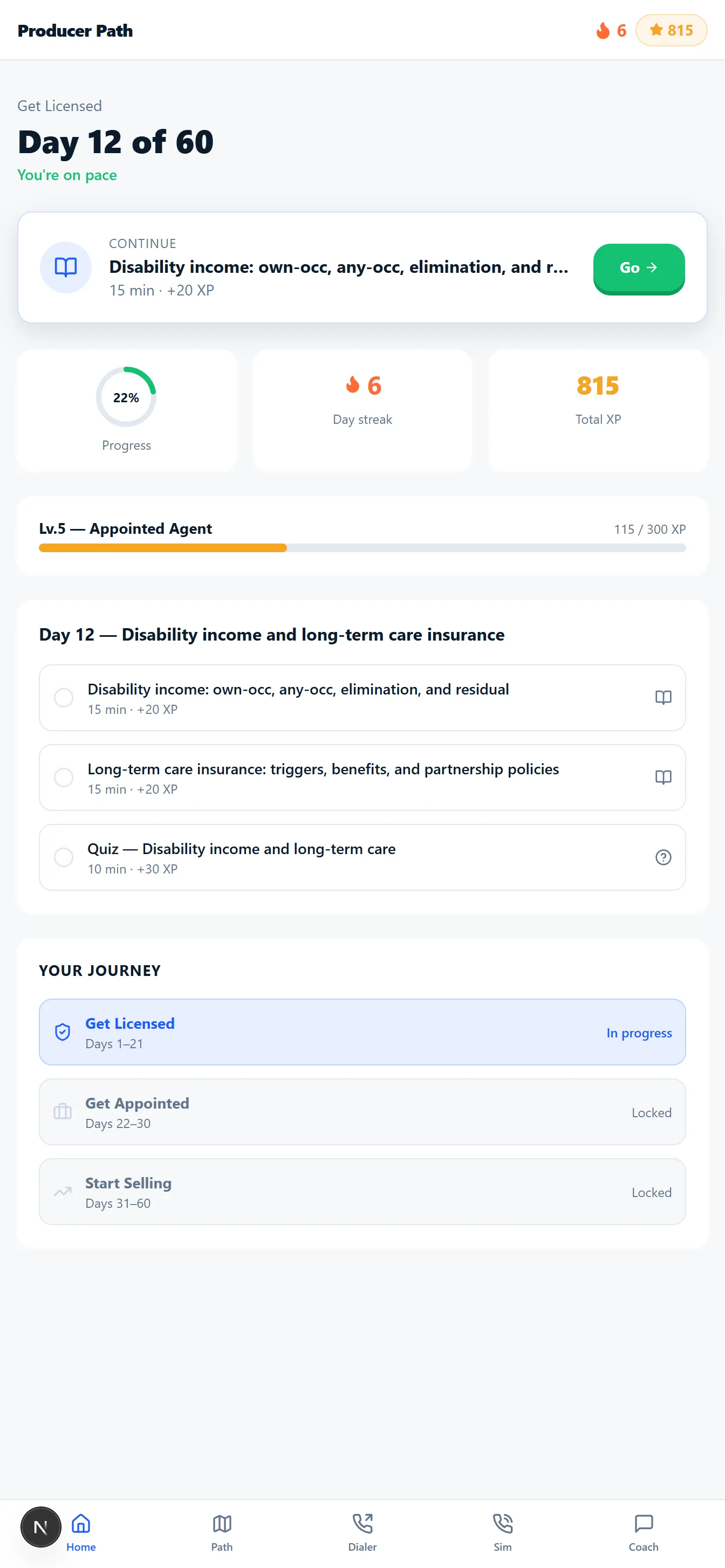 Producer Path insurance training dashboard showing modules, progress, and call practice
